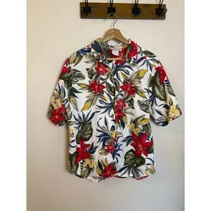 Vintage 90s Women’s Hawaiian Button Up Tropical Floral White Sz 14